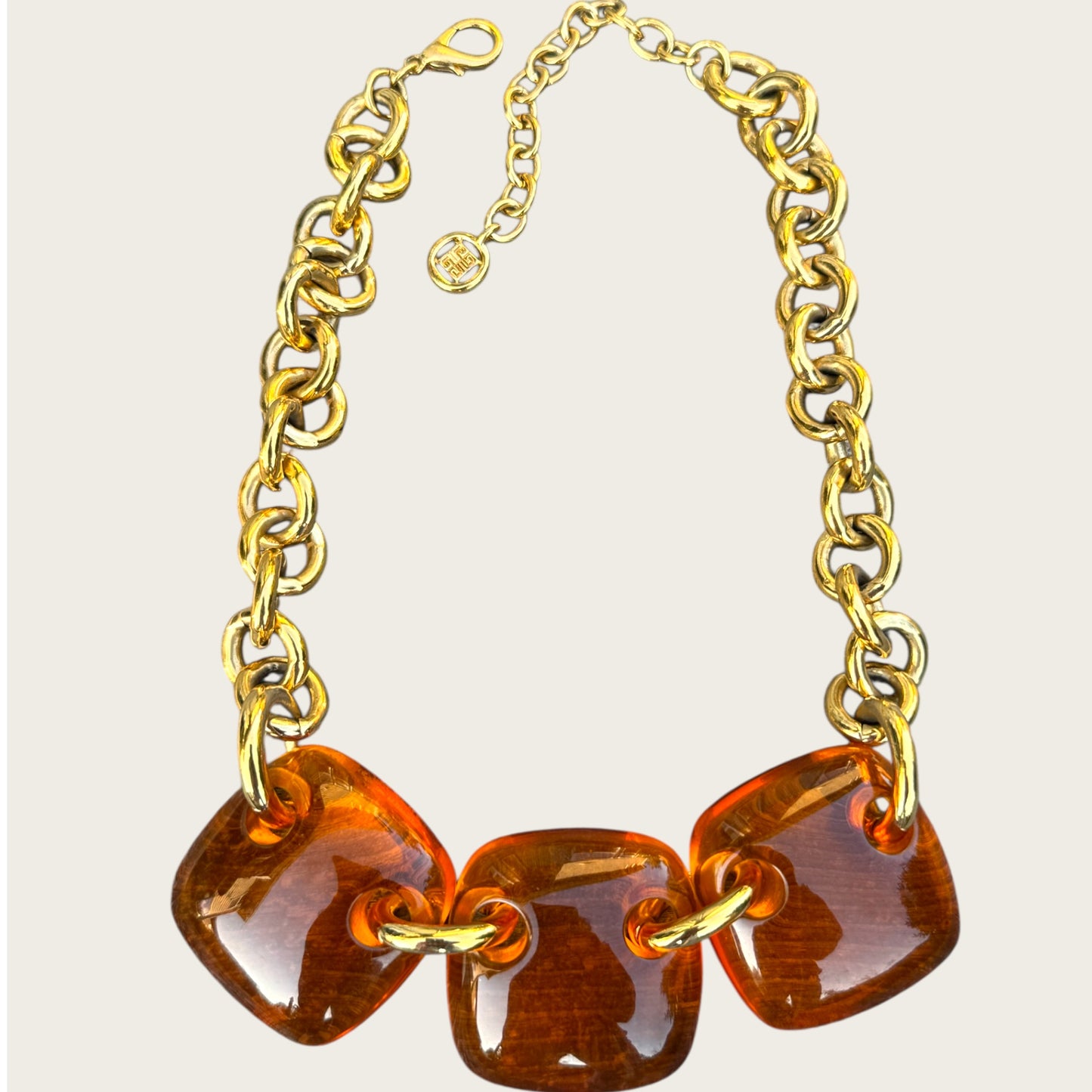 Vintage Givenchy Amber Lucite Statement Necklace with Gold Chain and 4G Tag