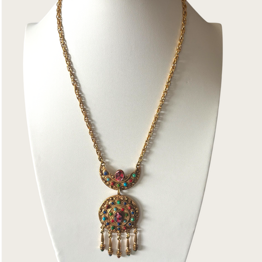 Vintage Florenza Renaissance Revival Medallion Necklace with Multicolor Cabochons and Art Glass
