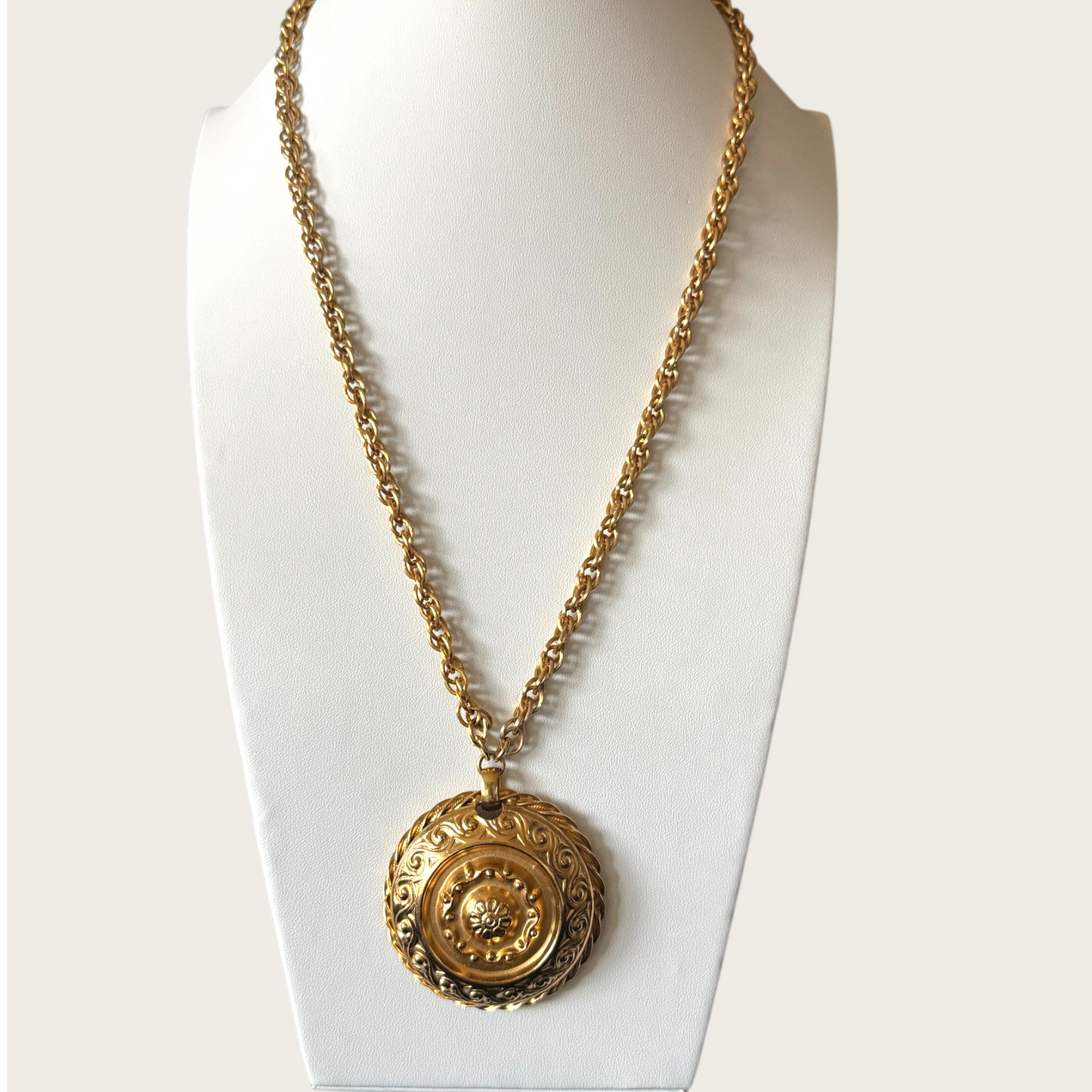 Signed Napier Gold-Tone Domed Medallion Necklace with Twisted Rope Edge | Vintage 1970s Renaissance Revival Statement Jewelry