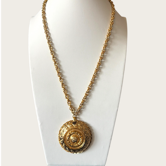 Signed Napier Gold-Tone Domed Medallion Necklace with Twisted Rope Edge | Vintage 1970s Renaissance Revival Statement Jewelry