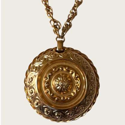 Signed Napier Gold-Tone Domed Medallion Necklace with Twisted Rope Edge | Vintage 1970s Renaissance Revival Statement Jewelry