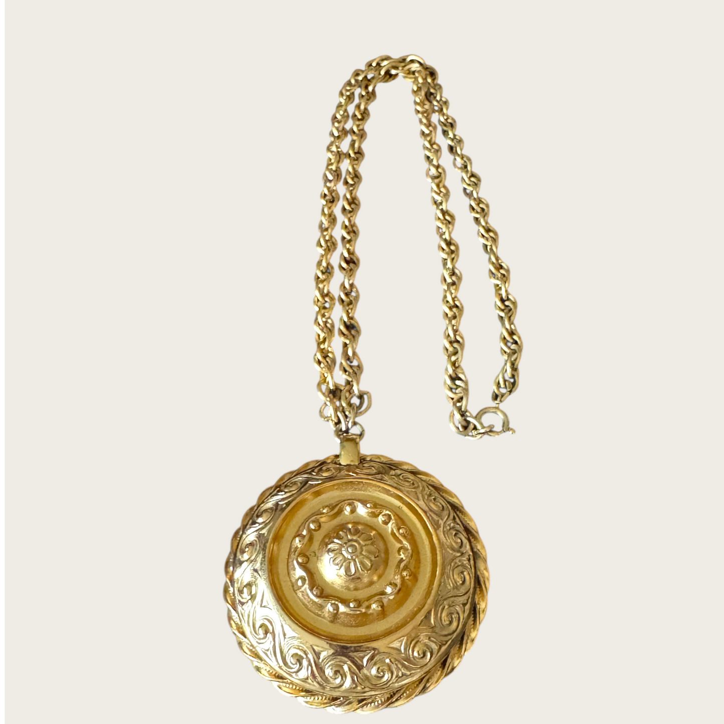 Signed Napier Gold-Tone Domed Medallion Necklace with Twisted Rope Edge | Vintage 1970s Renaissance Revival Statement Jewelry