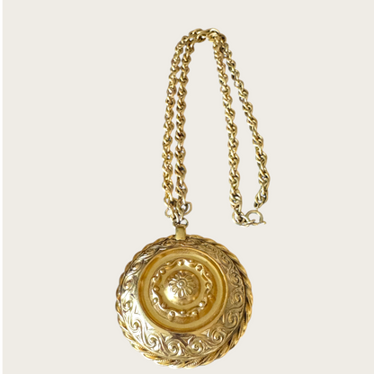 Signed Napier Gold-Tone Domed Medallion Necklace with Twisted Rope Edge | Vintage 1970s Renaissance Revival Statement Jewelry