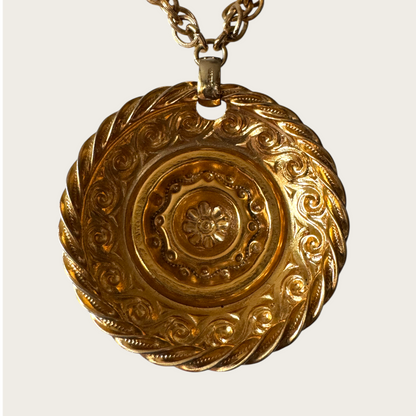 Signed Napier Gold-Tone Domed Medallion Necklace with Twisted Rope Edge | Vintage 1970s Renaissance Revival Statement Jewelry