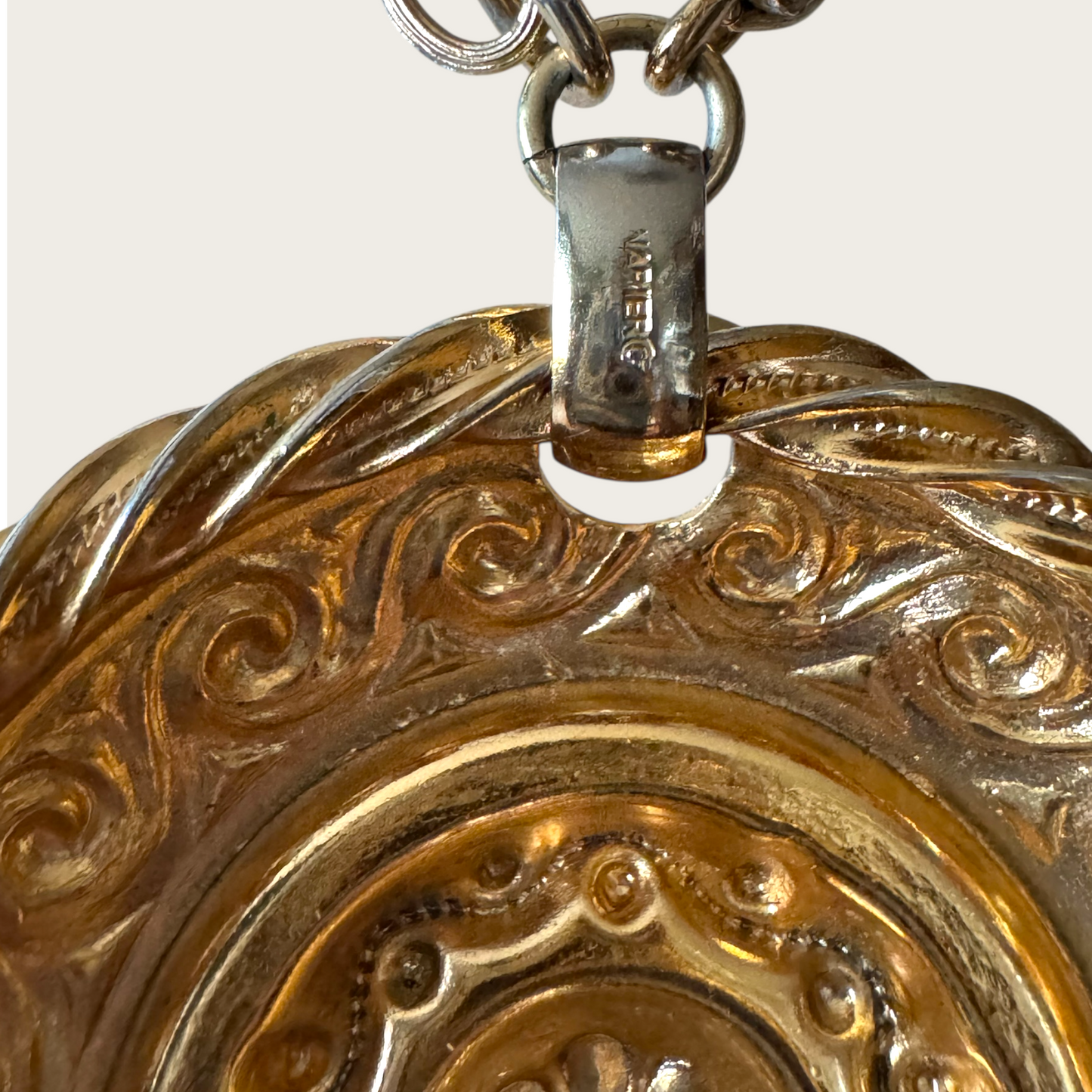 Signed Napier Gold-Tone Domed Medallion Necklace with Twisted Rope Edge | Vintage 1970s Renaissance Revival Statement Jewelry