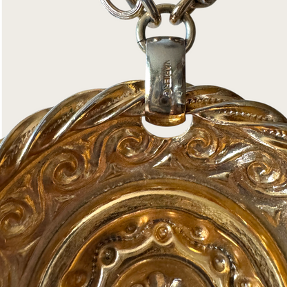 Signed Napier Gold-Tone Domed Medallion Necklace with Twisted Rope Edge | Vintage 1970s Renaissance Revival Statement Jewelry