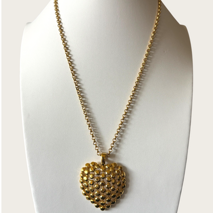Signed Trifari Gold-Tone Domed Heart Pendant Necklace on 31-Inch Chain | Vintage 1970s Statement Jewelry