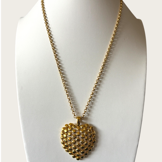 Signed Trifari Gold-Tone Domed Heart Pendant Necklace on 31-Inch Chain | Vintage 1970s Statement Jewelry