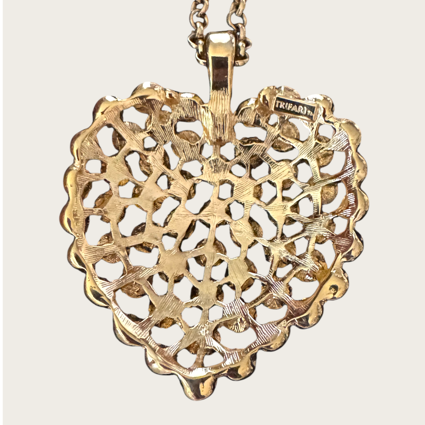 Signed Trifari Gold-Tone Domed Heart Pendant Necklace on 31-Inch Chain | Vintage 1970s Statement Jewelry