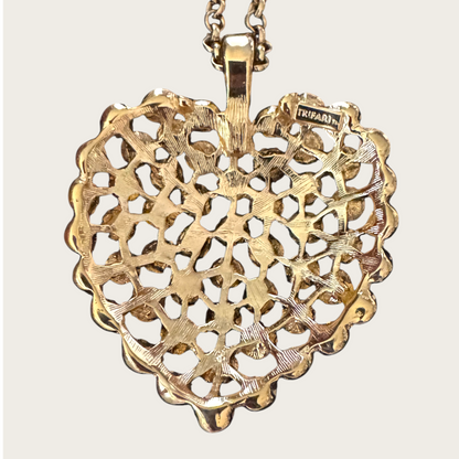 Signed Trifari Gold-Tone Domed Heart Pendant Necklace on 31-Inch Chain | Vintage 1970s Statement Jewelry