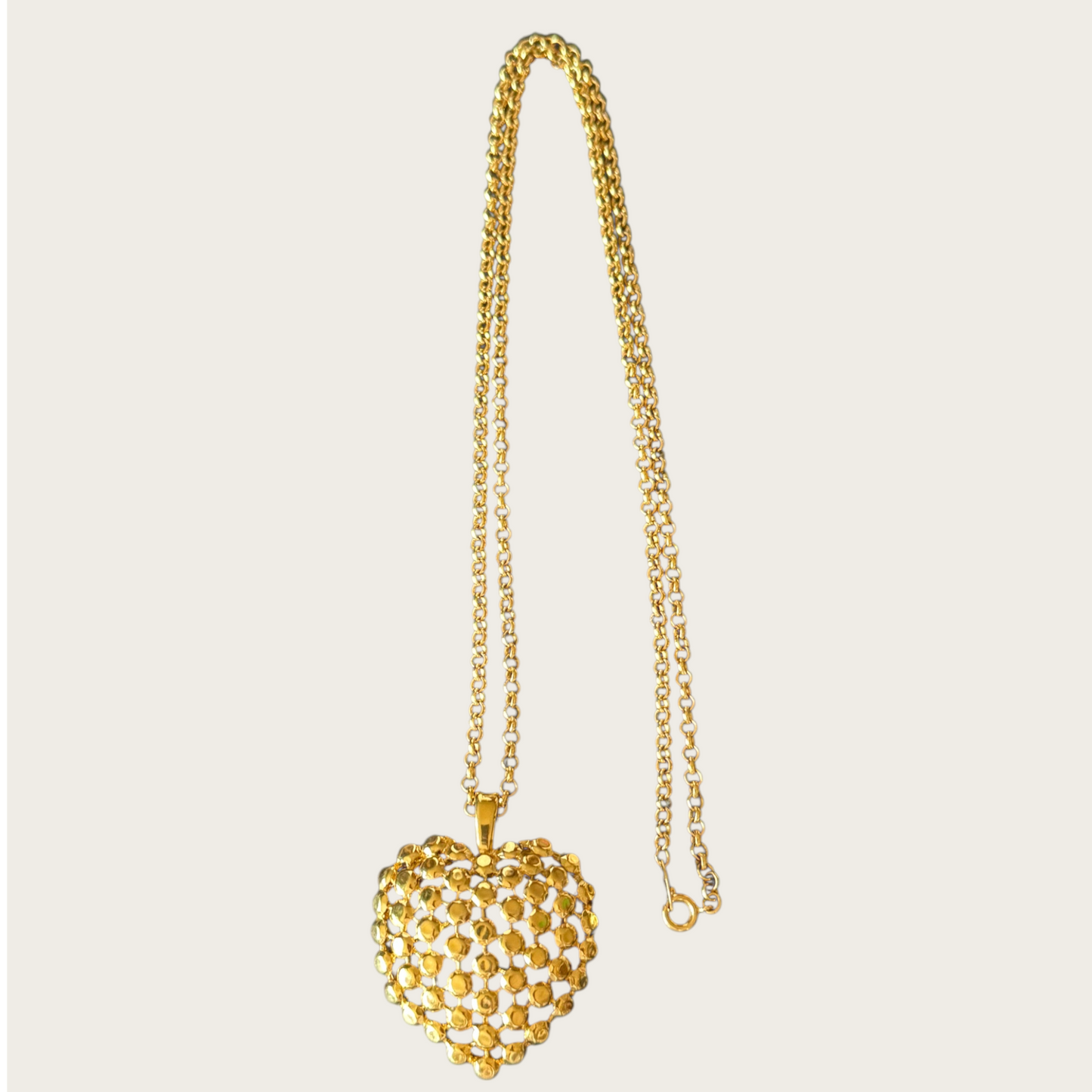 Signed Trifari Gold-Tone Domed Heart Pendant Necklace on 31-Inch Chain | Vintage 1970s Statement Jewelry