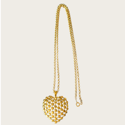 Signed Trifari Gold-Tone Domed Heart Pendant Necklace on 31-Inch Chain | Vintage 1970s Statement Jewelry