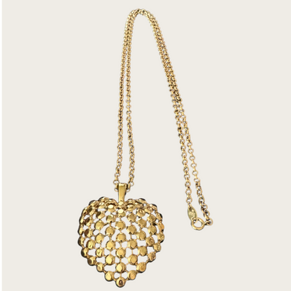 Signed Trifari Gold-Tone Domed Heart Pendant Necklace on 31-Inch Chain | Vintage 1970s Statement Jewelry