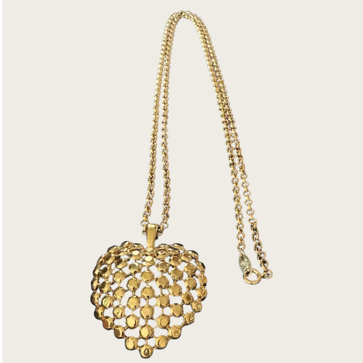 Signed Trifari Gold-Tone Domed Heart Pendant Necklace on 31-Inch Chain | Vintage 1970s Statement Jewelry