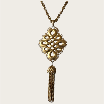 Vintage E. Pearl Gold-Tone Medallion Tassel Necklace | 1960s–1970s Statement Jewelry