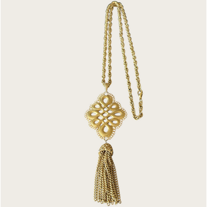Vintage E. Pearl Gold-Tone Medallion Tassel Necklace | 1960s–1970s Statement Jewelry