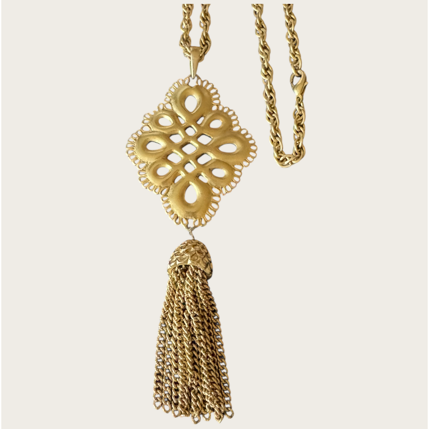 Vintage E. Pearl Gold-Tone Medallion Tassel Necklace | 1960s–1970s Statement Jewelry