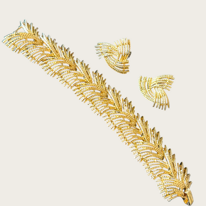 Sara Coventry “Golden Bouquet” 1961 Signed Patent Pending Bracelet & Earring Set – Mid-Century Textured Gold Panel Demi-Parure