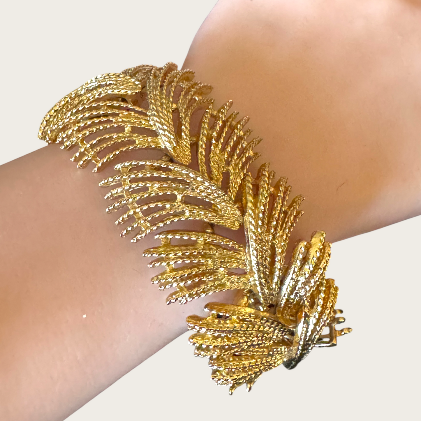 Sara Coventry “Golden Bouquet” 1961 Signed Patent Pending Bracelet & Earring Set – Mid-Century Textured Gold Panel Demi-Parure
