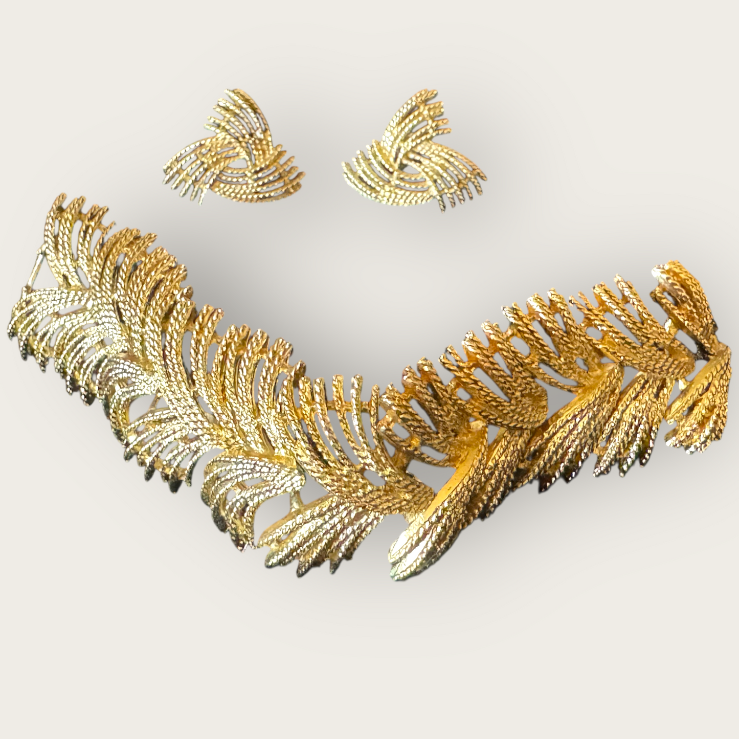 Sara Coventry “Golden Bouquet” 1961 Signed Patent Pending Bracelet & Earring Set – Mid-Century Textured Gold Panel Demi-Parure