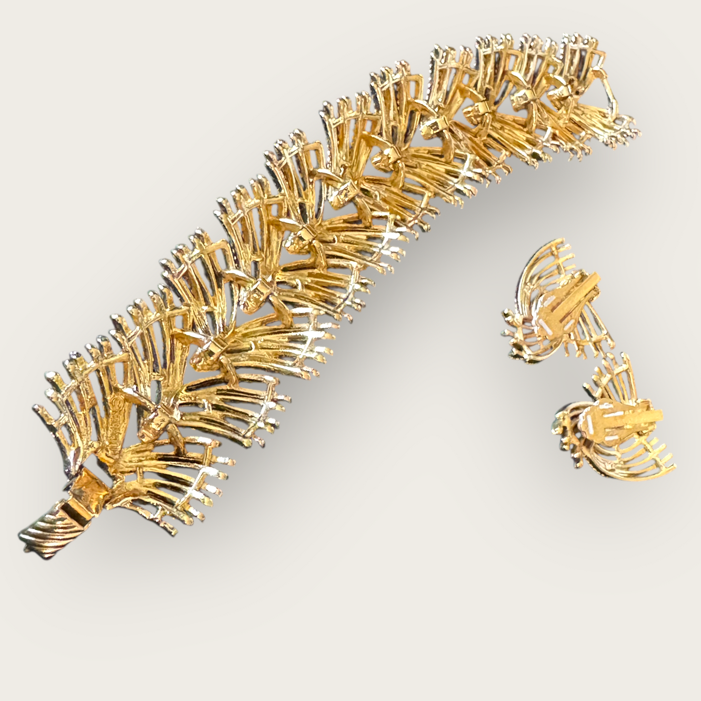 Sara Coventry “Golden Bouquet” 1961 Signed Patent Pending Bracelet & Earring Set – Mid-Century Textured Gold Panel Demi-Parure