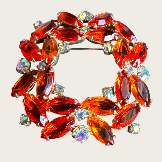 Vintage Orange Rhinestone Wreath Brooch with Aurora Borealis Accents | Gold Tone
