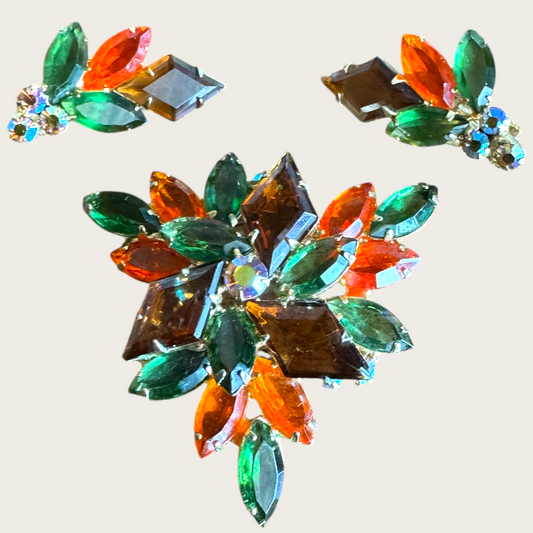Juliana Verified Demi-Parure with Brooch and Clip-On Earrings | Autumn Rhinestones | Book Piece | Private Collection