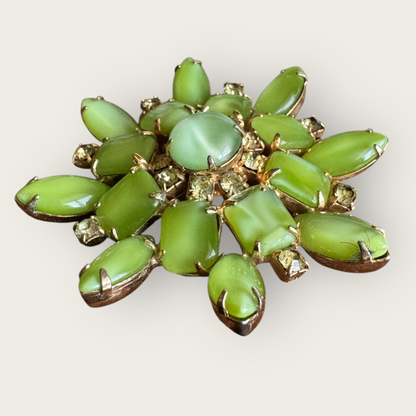 Vintage Green Cat’s Eye Glass and Canary Rhinestone Domed Floral Brooch, Mid-Century Costume Jewelry