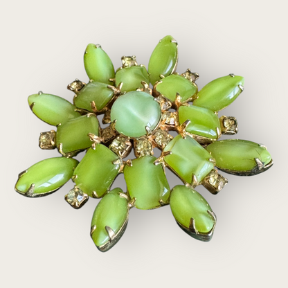 Vintage Green Cat’s Eye Glass and Canary Rhinestone Domed Floral Brooch, Mid-Century Costume Jewelry