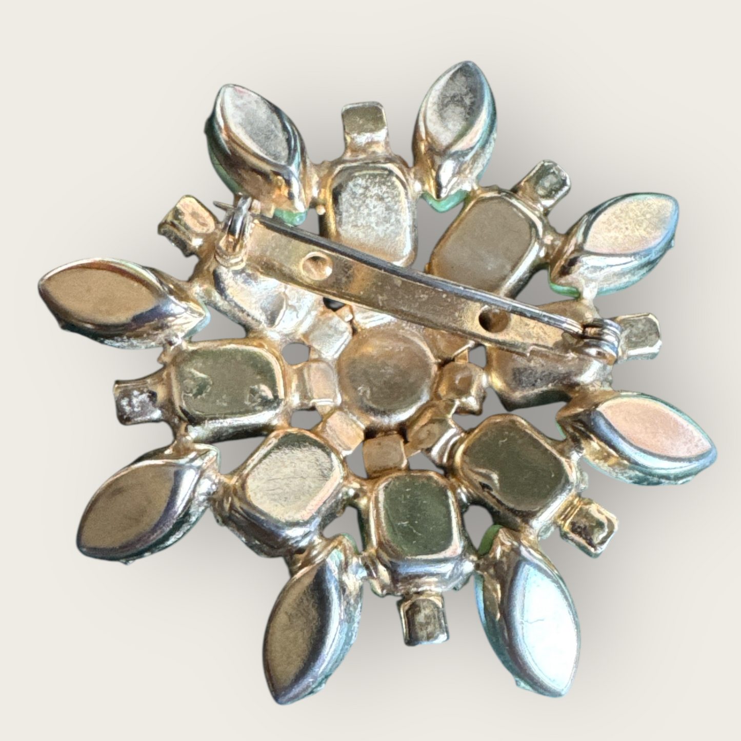 Vintage Green Cat’s Eye Glass and Canary Rhinestone Domed Floral Brooch, Mid-Century Costume Jewelry