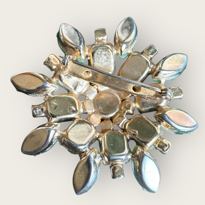 Vintage Green Cat’s Eye Glass and Canary Rhinestone Domed Floral Brooch, Mid-Century Costume Jewelry