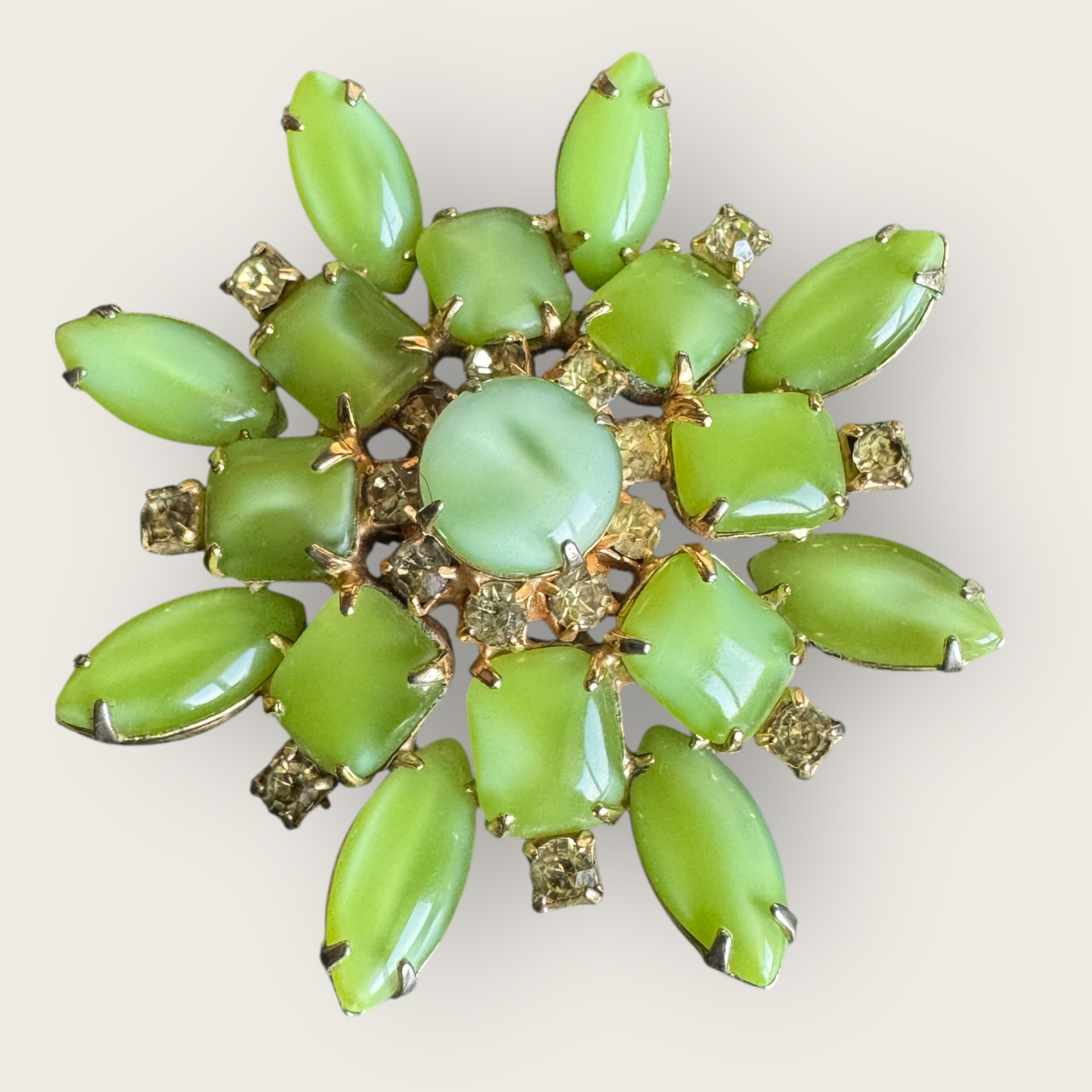 Vintage Green Cat’s Eye Glass and Canary Rhinestone Domed Floral Brooch, Mid-Century Costume Jewelry