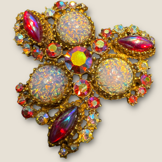 Vintage Confetti Lava Glass Cabochon & Aurora Borealis Rhinestone Brooch – Mid-Century Designer Statement | Private Collection