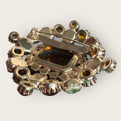 Vintage Amber & Lemon Rhinestone Statement Brooch with Aurora Borealis Halo | Mid-Century Unsigned