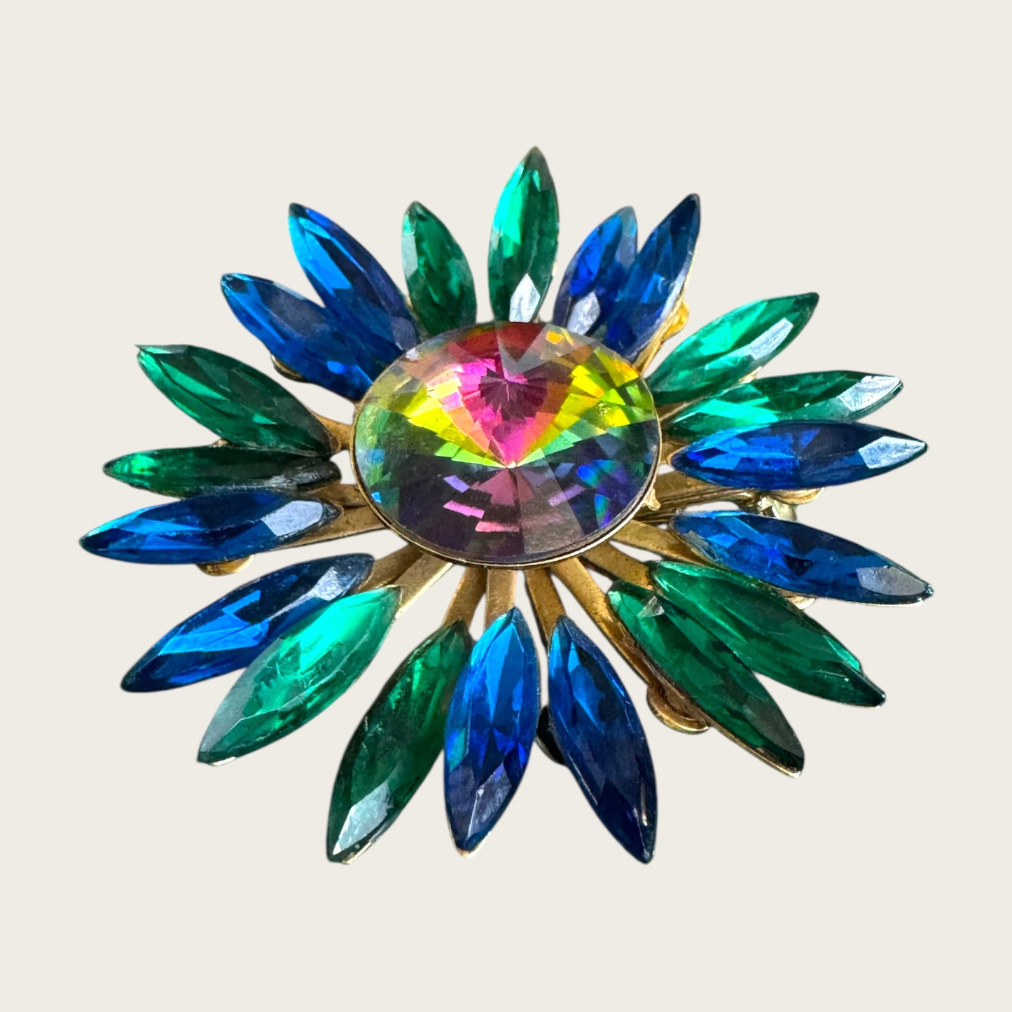 Vintage Watermelon Rivoli Brooch with Emerald Green and Royal Blue Navette Rhinestones – 1960s Statement Costume Jewelry