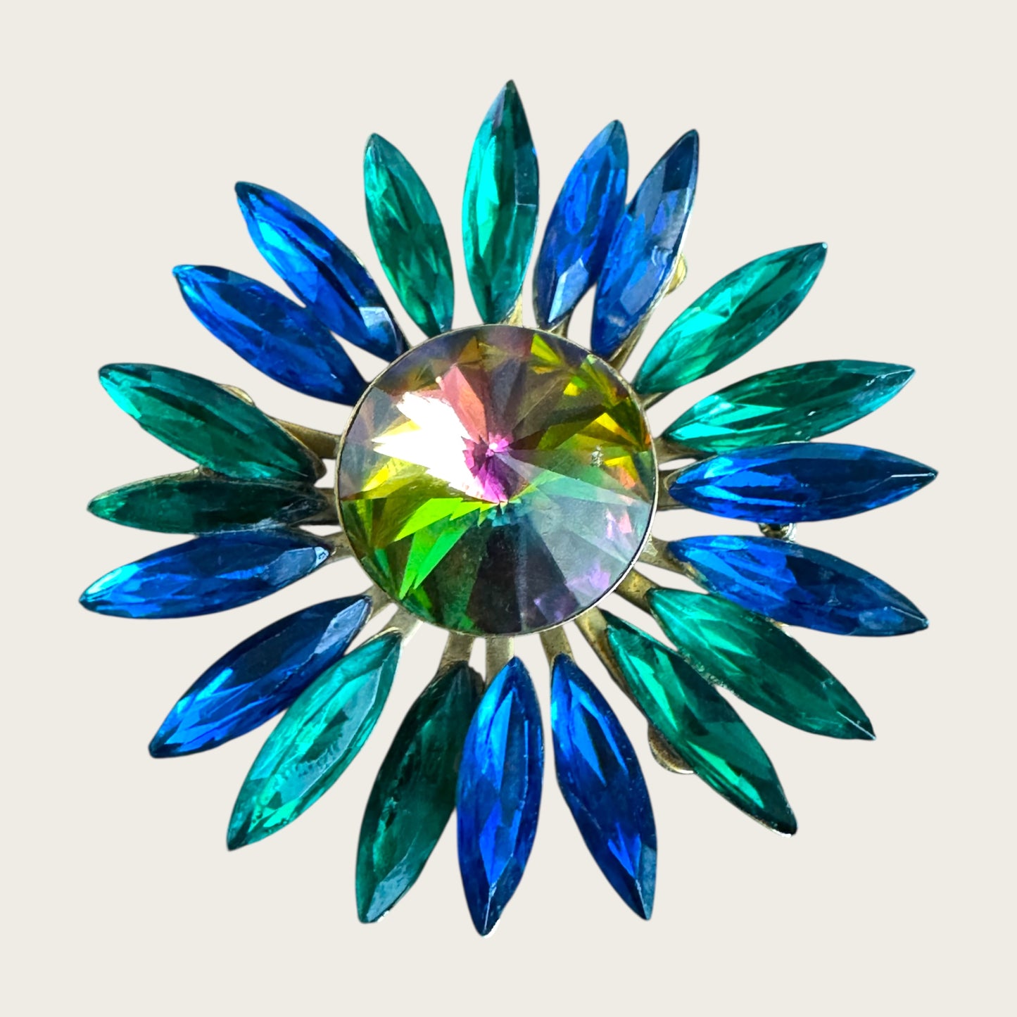 Vintage Watermelon Rivoli Brooch with Emerald Green and Royal Blue Navette Rhinestones – 1960s Statement Costume Jewelry