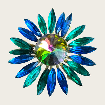 Vintage Watermelon Rivoli Brooch with Emerald Green and Royal Blue Navette Rhinestones – 1960s Statement Costume Jewelry