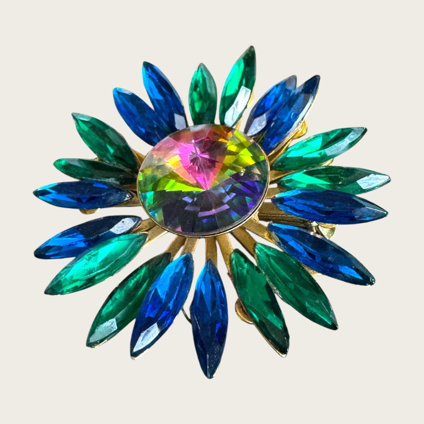 Vintage Watermelon Rivoli Brooch with Emerald Green and Royal Blue Navette Rhinestones – 1960s Statement Costume Jewelry