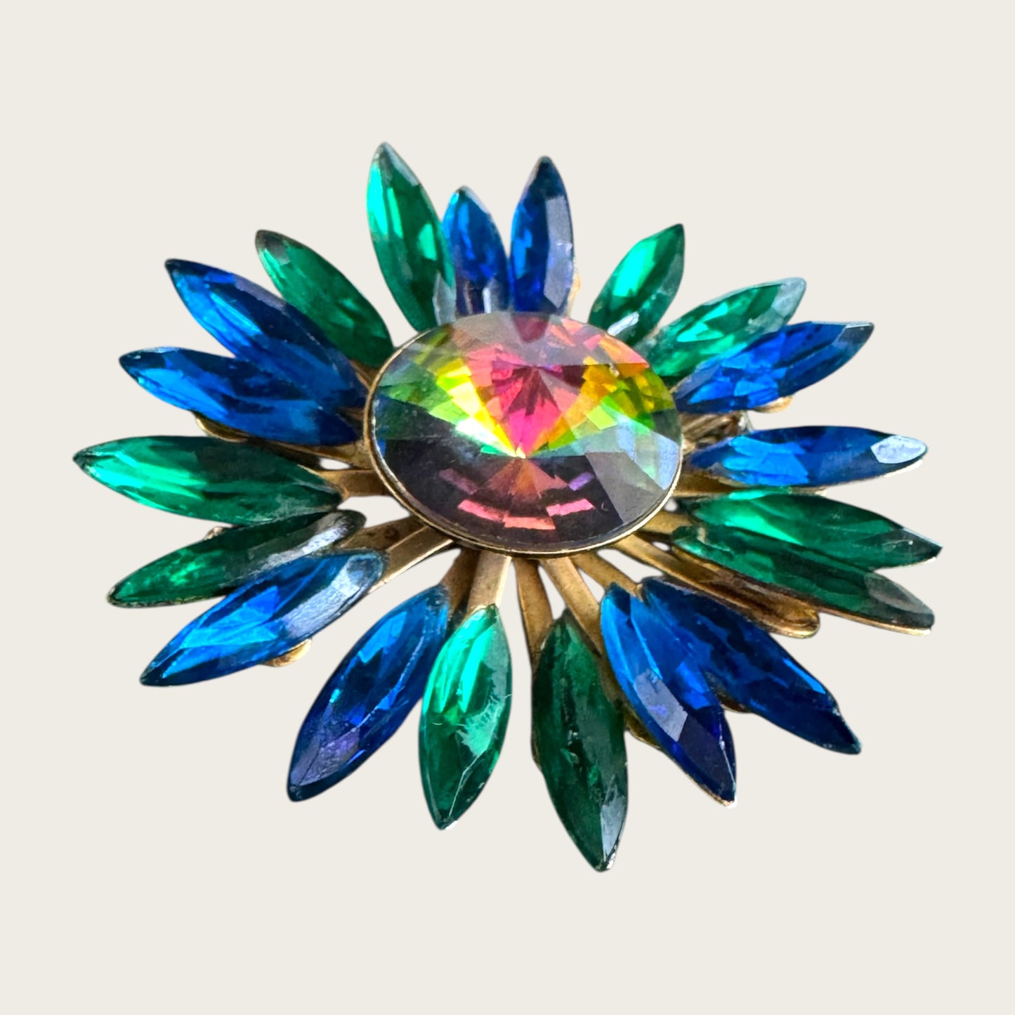 Vintage Watermelon Rivoli Brooch with Emerald Green and Royal Blue Navette Rhinestones – 1960s Statement Costume Jewelry