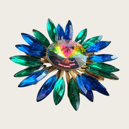 Vintage Watermelon Rivoli Brooch with Emerald Green and Royal Blue Navette Rhinestones – 1960s Statement Costume Jewelry