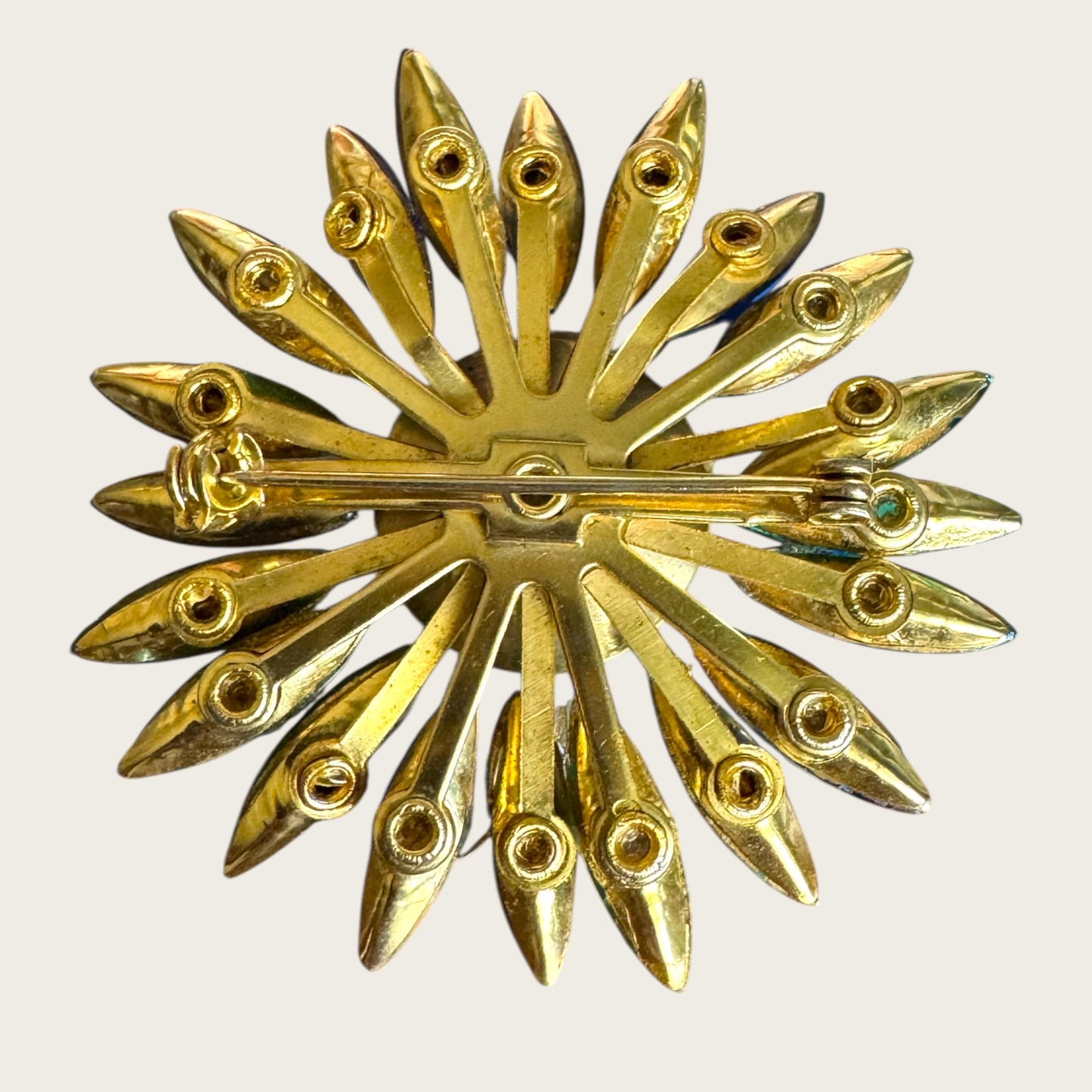 Vintage Watermelon Rivoli Brooch with Emerald Green and Royal Blue Navette Rhinestones – 1960s Statement Costume Jewelry