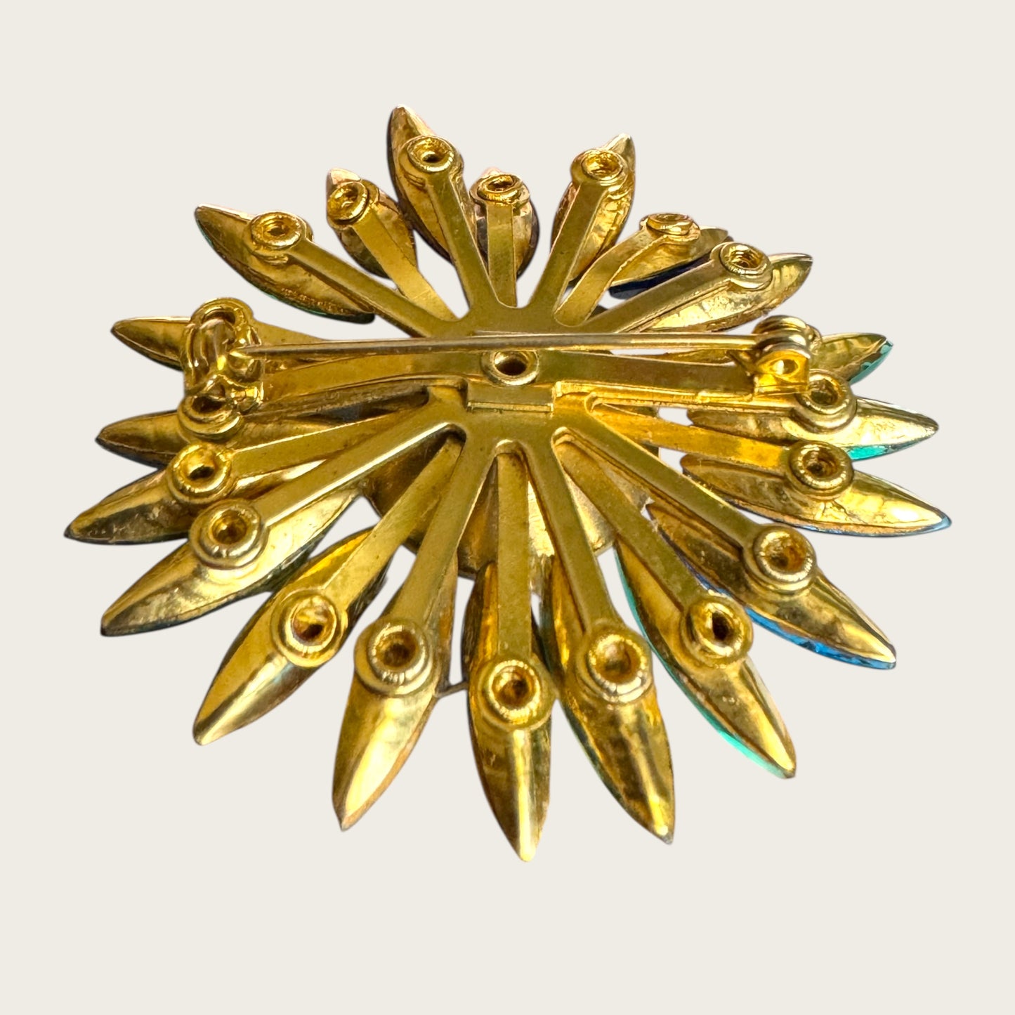 Vintage Watermelon Rivoli Brooch with Emerald Green and Royal Blue Navette Rhinestones – 1960s Statement Costume Jewelry