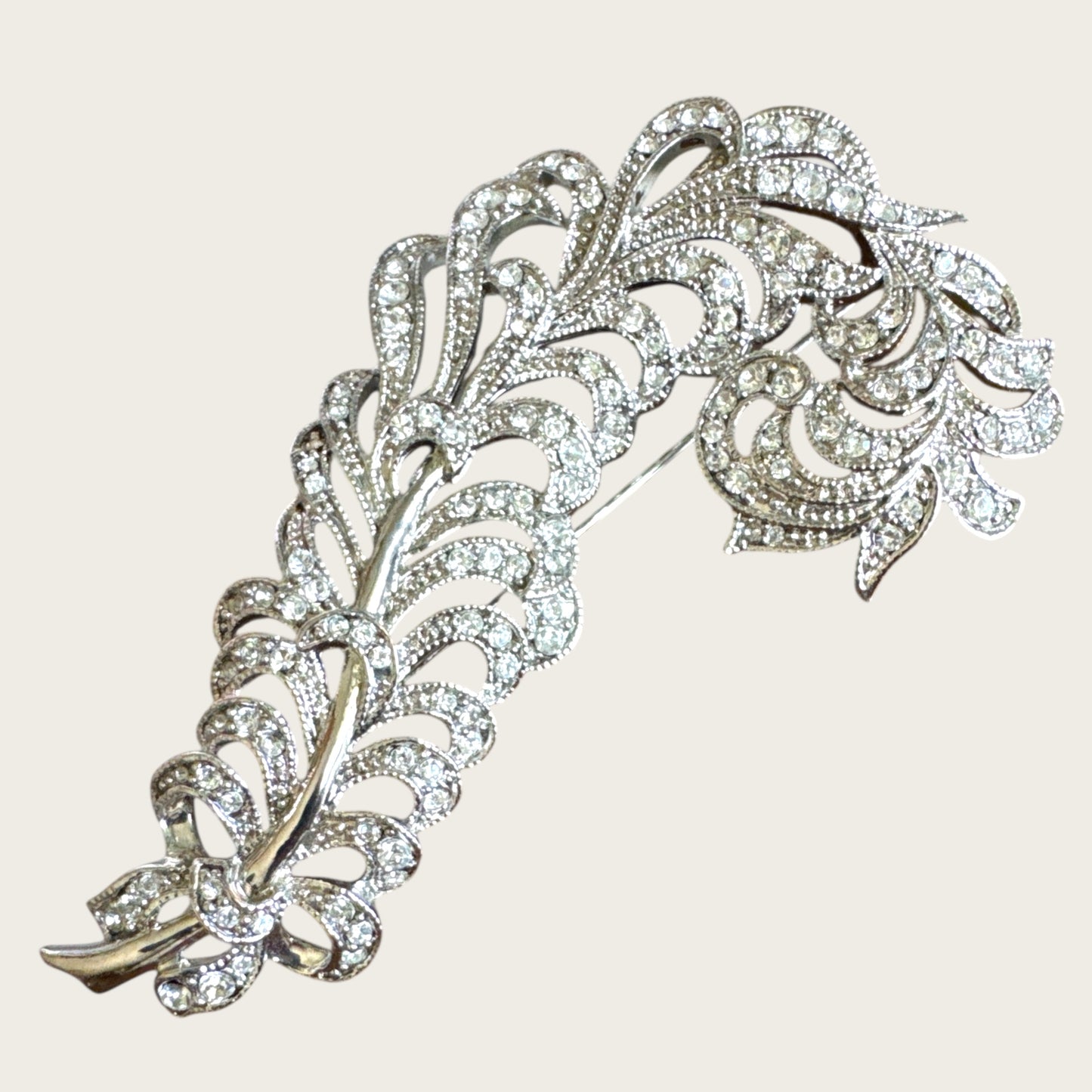 Signed Kenneth Jay Lane Feather Brooch with Pave Rhinestones – Vintage KJL Designer Costume Jewelry