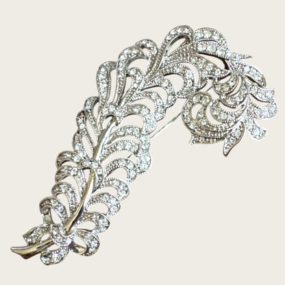 Signed Kenneth Jay Lane Feather Brooch with Pave Rhinestones – Vintage KJL Designer Costume Jewelry