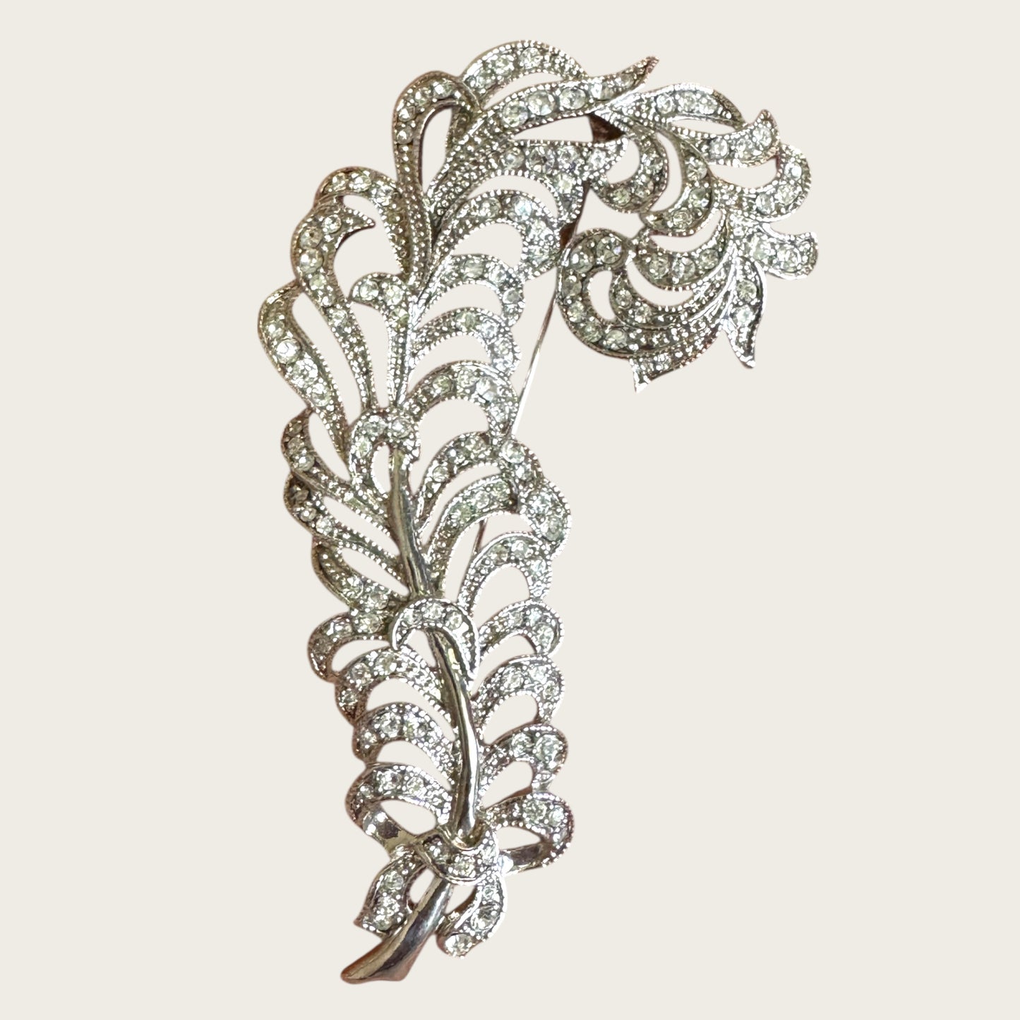 Signed Kenneth Jay Lane Feather Brooch with Pave Rhinestones – Vintage KJL Designer Costume Jewelry