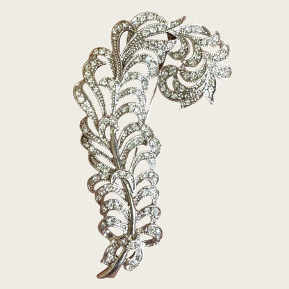 Signed Kenneth Jay Lane Feather Brooch with Pave Rhinestones – Vintage KJL Designer Costume Jewelry
