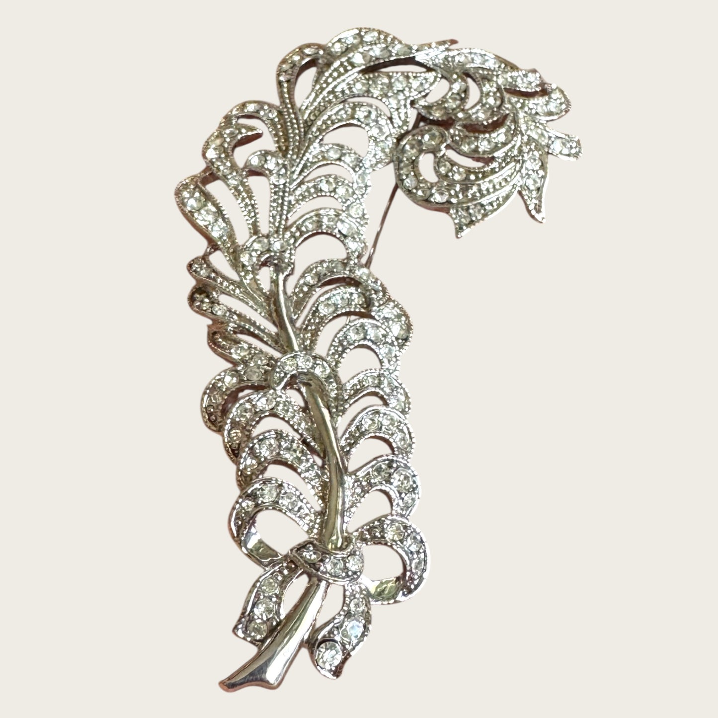 Signed Kenneth Jay Lane Feather Brooch with Pave Rhinestones – Vintage KJL Designer Costume Jewelry