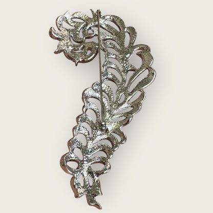 Signed Kenneth Jay Lane Feather Brooch with Pave Rhinestones – Vintage KJL Designer Costume Jewelry