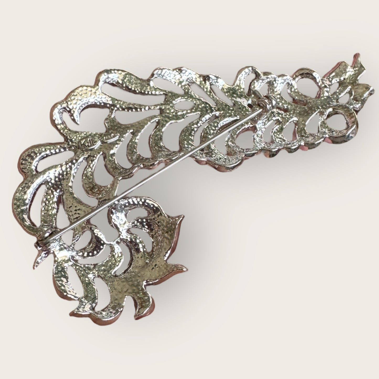 Signed Kenneth Jay Lane Feather Brooch with Pave Rhinestones – Vintage KJL Designer Costume Jewelry