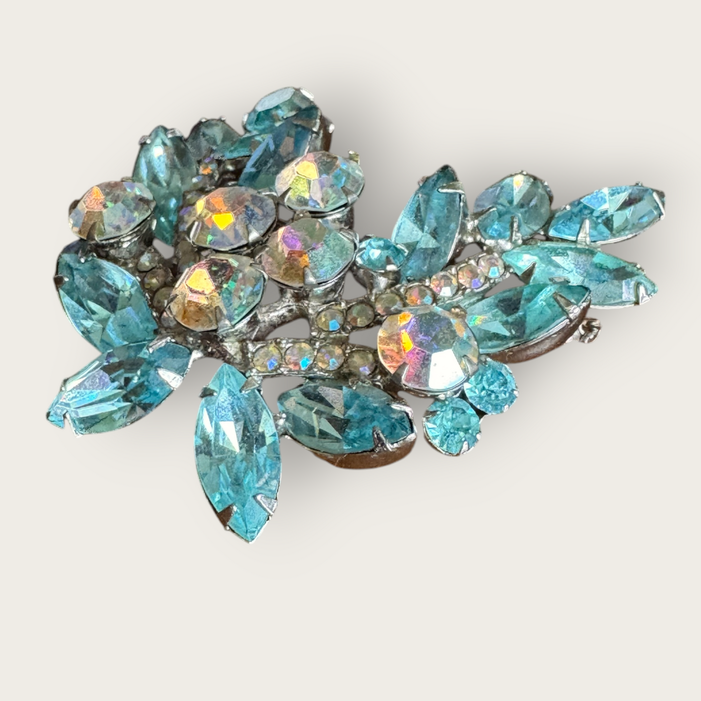 Verified Juliana Baby Blue & Aurora Borealis Rhinestone Brooch – 1960s Floral Spray